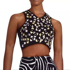 NEW ISSA M black rhinestone 3D bead flower crop